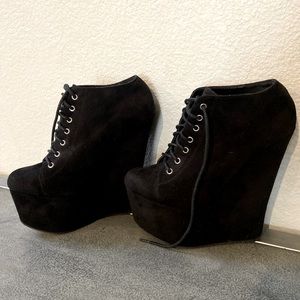 7 inch Sky high black suede platform ankle boots.